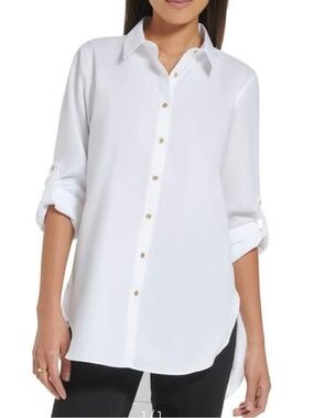CALVIN KLEIN Classic White Button-Up Roll-Sleeve Women's Shirt